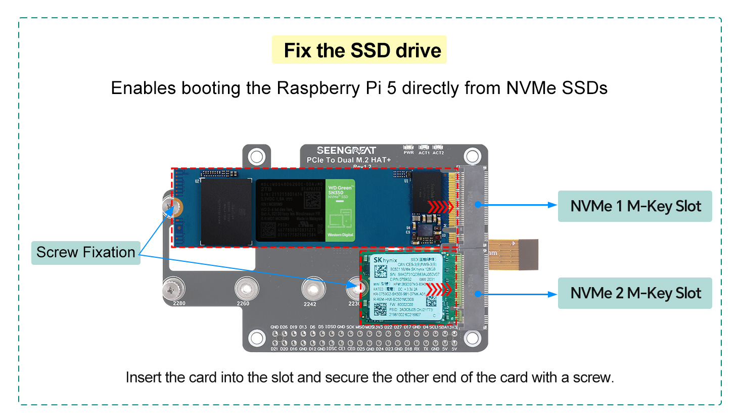 Pi 5 PCIe to Dual M.2 Adapter Board, Compatible with 2280/2260/2242 ...