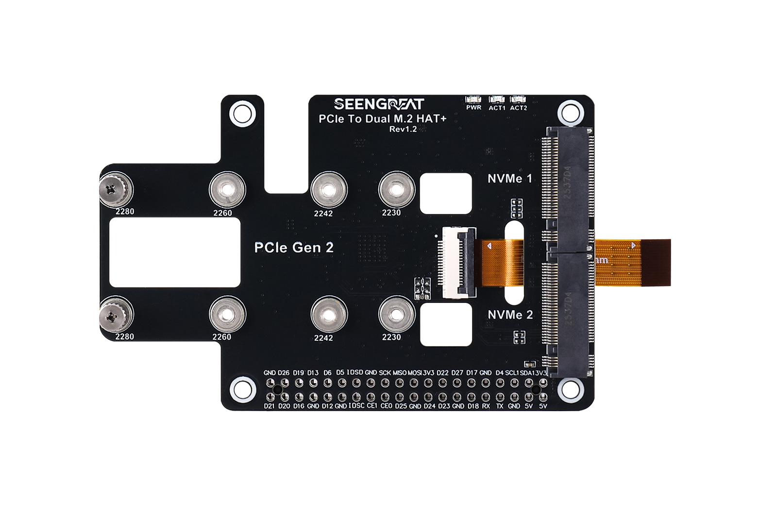 Pi 5 PCIe to Dual M.2 Adapter Board, Compatible with 2280/2260/2242/2230 NVMe SSDs, HAT+ Standard
