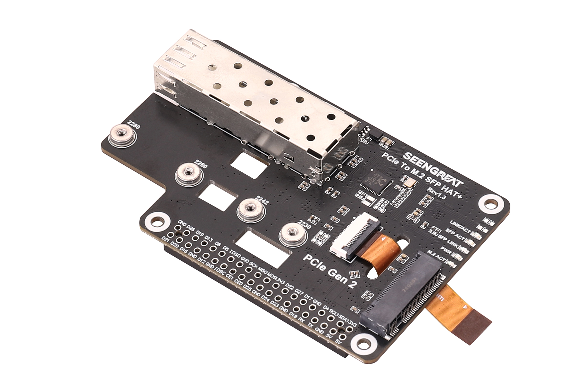 Pi 5 PCIe to M.2 & SFP Gigabit Ethernet Adapter, Supports 2280/2260/2242/2230 NVMe SSD, HAT+ Standar