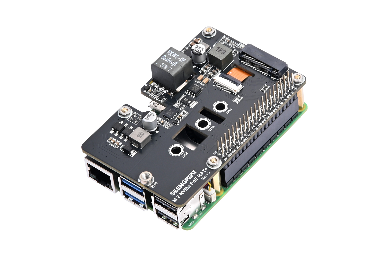 Raspberry Pi 5 NVMe Protocol M.2 SSD Interface with PoE Expansion Board (Raspberry Pi HAT+ Protocol)