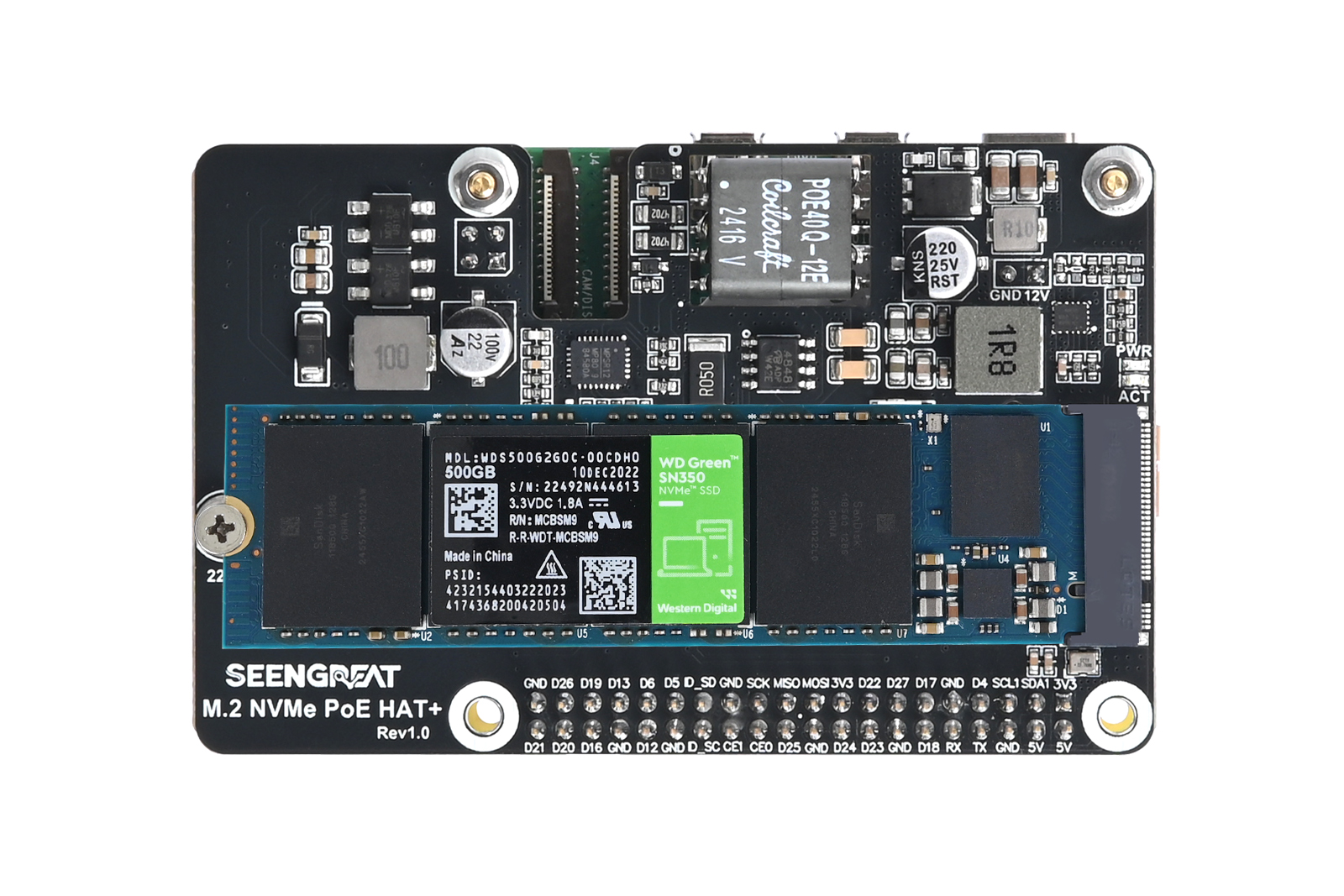 Raspberry Pi 5 NVMe Protocol M.2 SSD Interface with PoE Expansion Board (Raspberry Pi HAT+ Protocol)