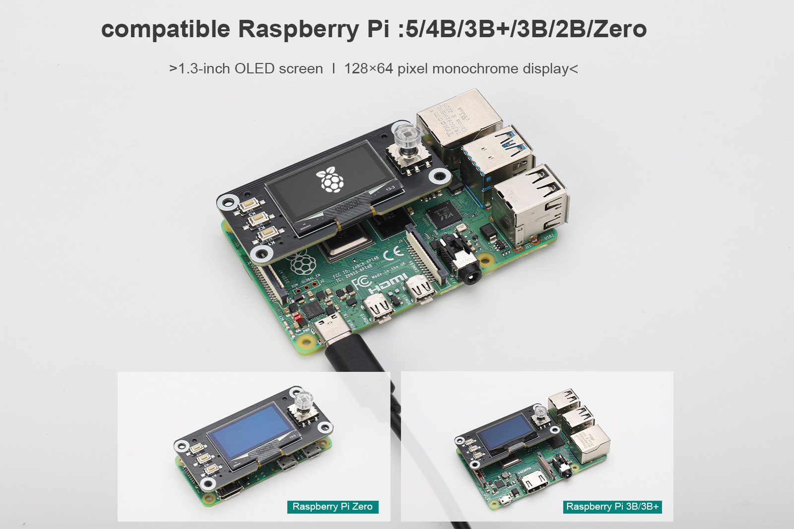 1.3inch OLED HAT for Raspberry Pi - 128x64 OLED Display with Joystick & Buttons, SH1106 Controller,