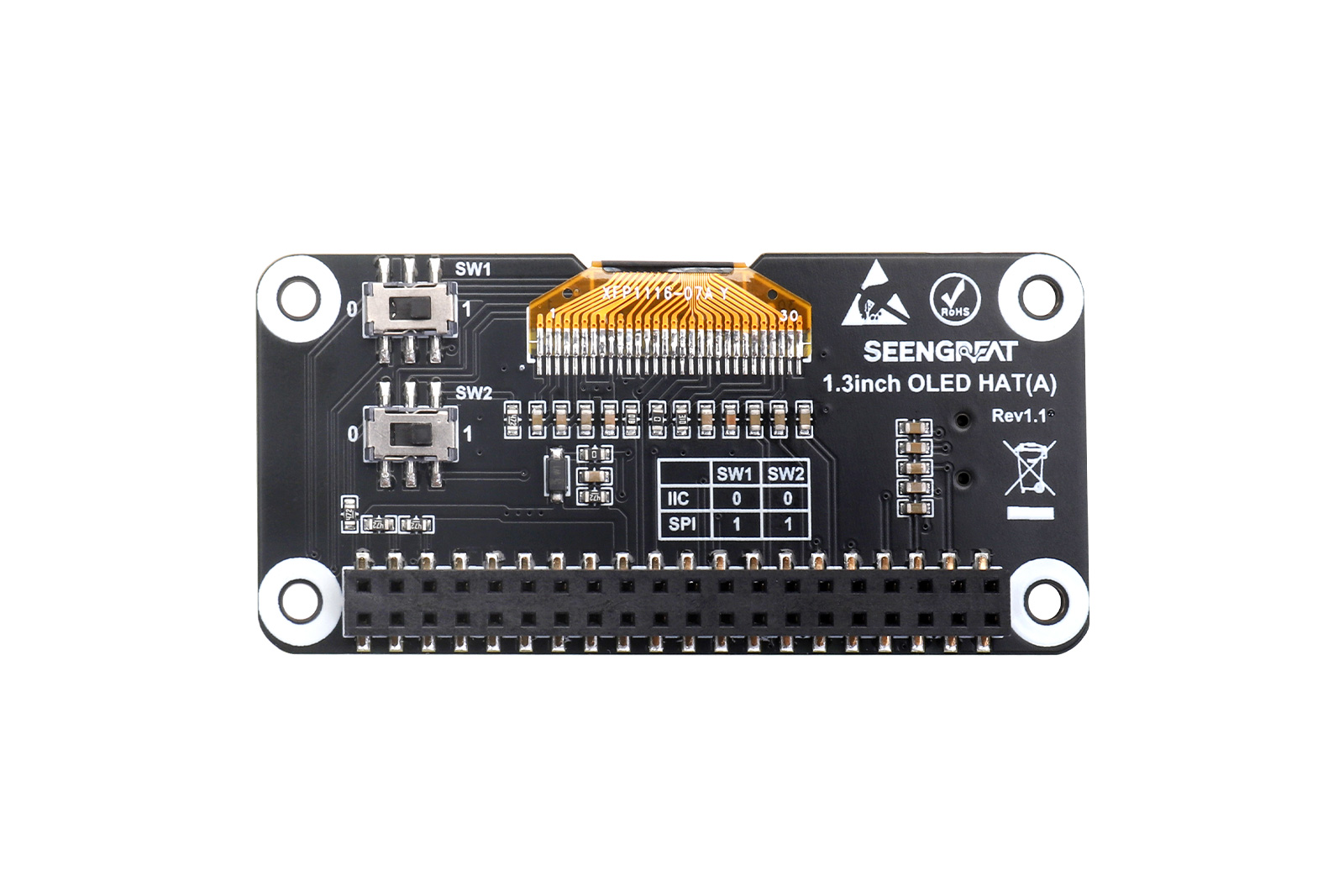 1.3inch OLED HAT for Raspberry Pi - 128x64 OLED Display with Joystick & Buttons, SH1106 Controller,