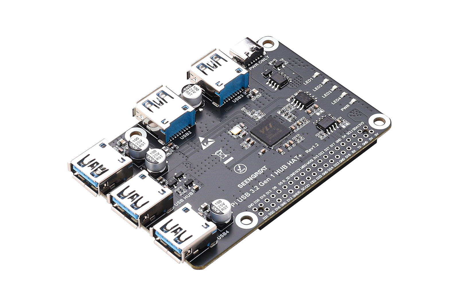 Pi USB 3.2 Gen 1 HUB HAT+ for Raspberry Pi - 4-Port USB 3.0 Expansion Board