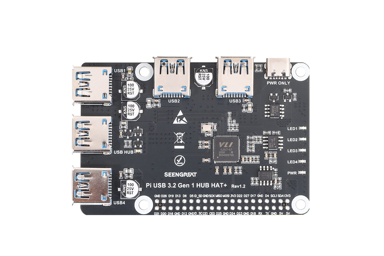 Pi USB 3.2 Gen 1 HUB HAT+ for Raspberry Pi - 4-Port USB 3.0 Expansion Board