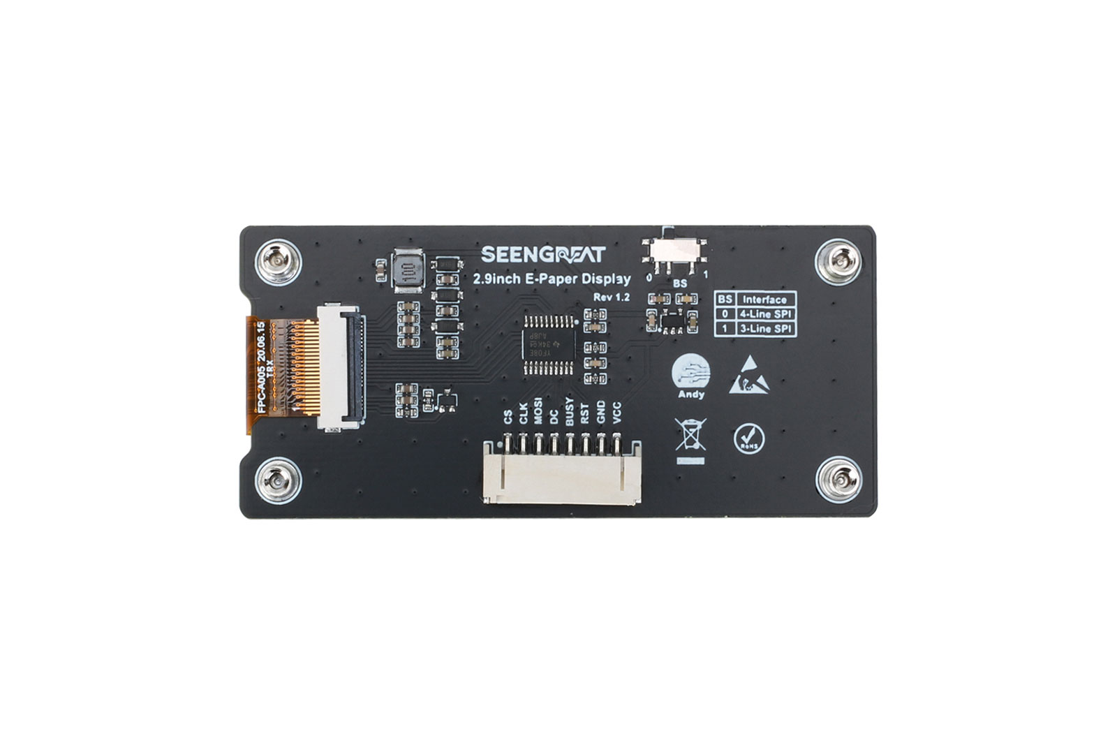 2.9-Inch 4-Color E-Paper Display - Black/White/Red/Yellow - 296x128 Resolution - SPI Interface