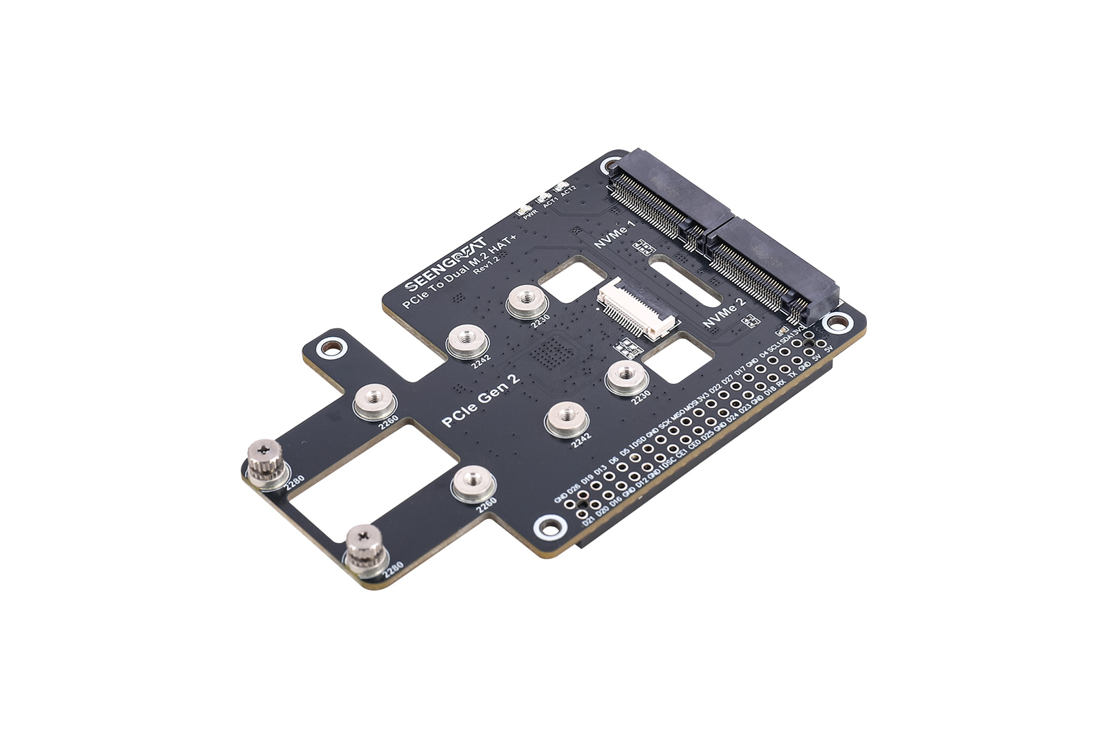 Pi 5 PCIe to Dual M.2 Adapter Board, Compatible with 2280/2260/2242/2230 NVMe SSDs, HAT+ Standard