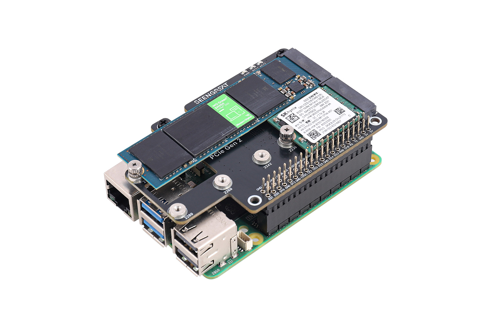 Pi 5 PCIe to Dual M.2 Adapter Board, Compatible with 2280/2260/2242/2230 NVMe SSDs, HAT+ Standard
