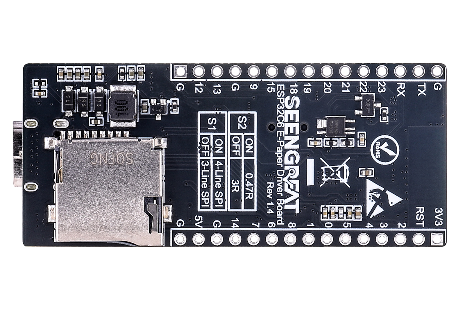 ESP32-C6 Wireless E-Paper Controller Board with 24P FPC, Micro SD Slot, USB-C & Li-ion Charger
