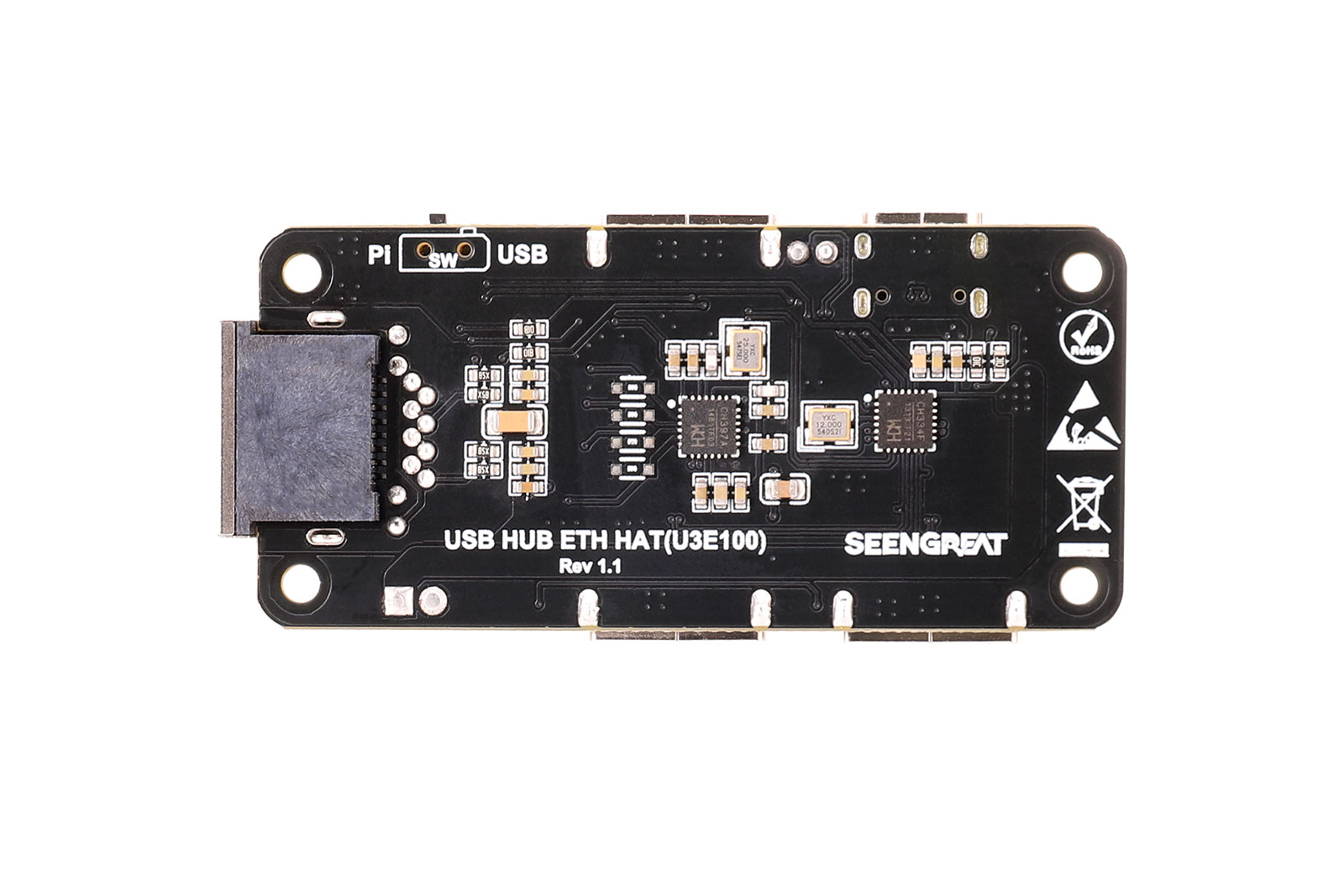 USB HUB ETH HAT (U3E100) for Raspberry Pi Zero, 3-Port USB 2.0 Hub + 10/100M Ethernet Adapter