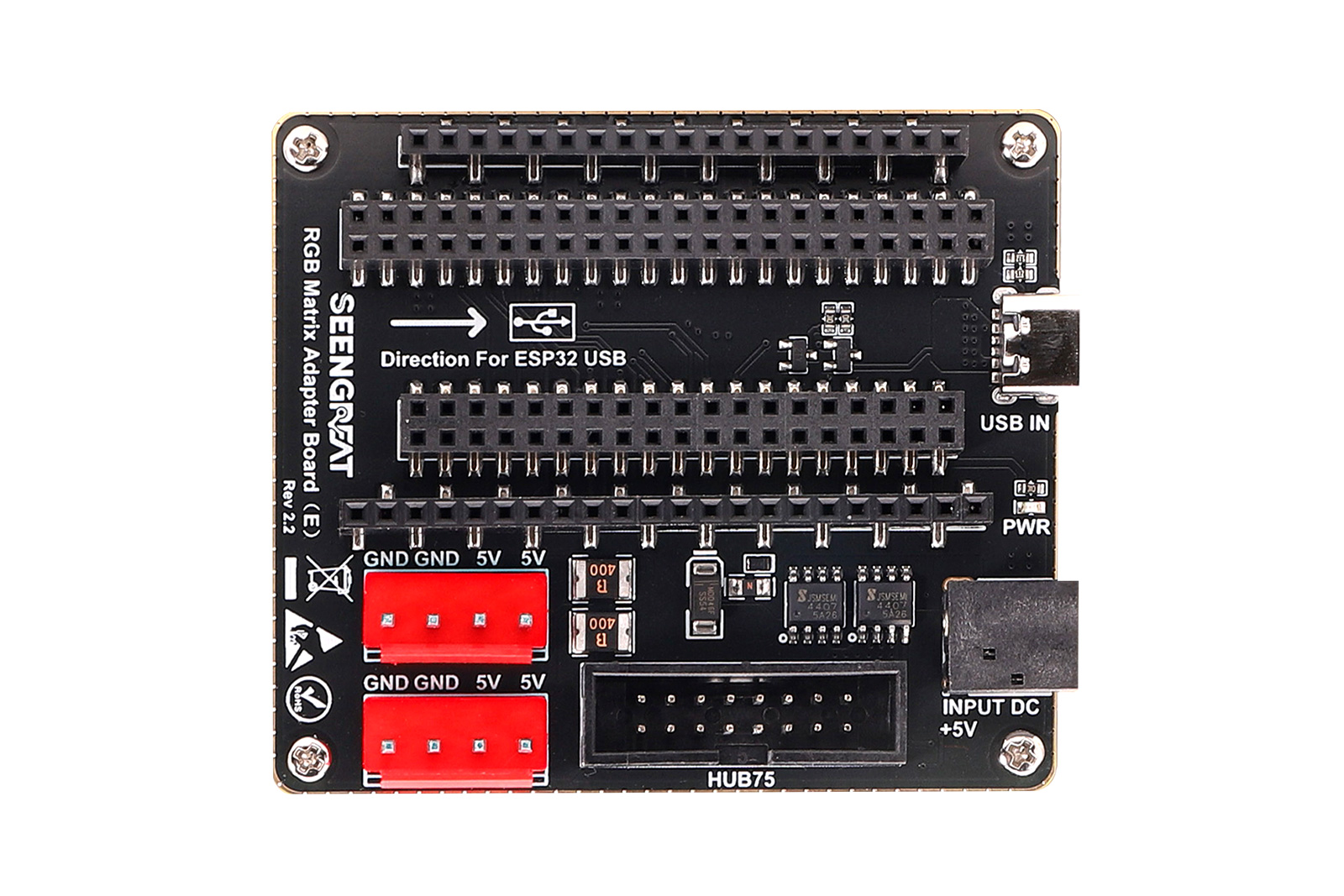 ESP32 RGB Matrix Panel Adapter Board, Dual Power Input (USB-C/DC Jack) HUB75 Interface Shield