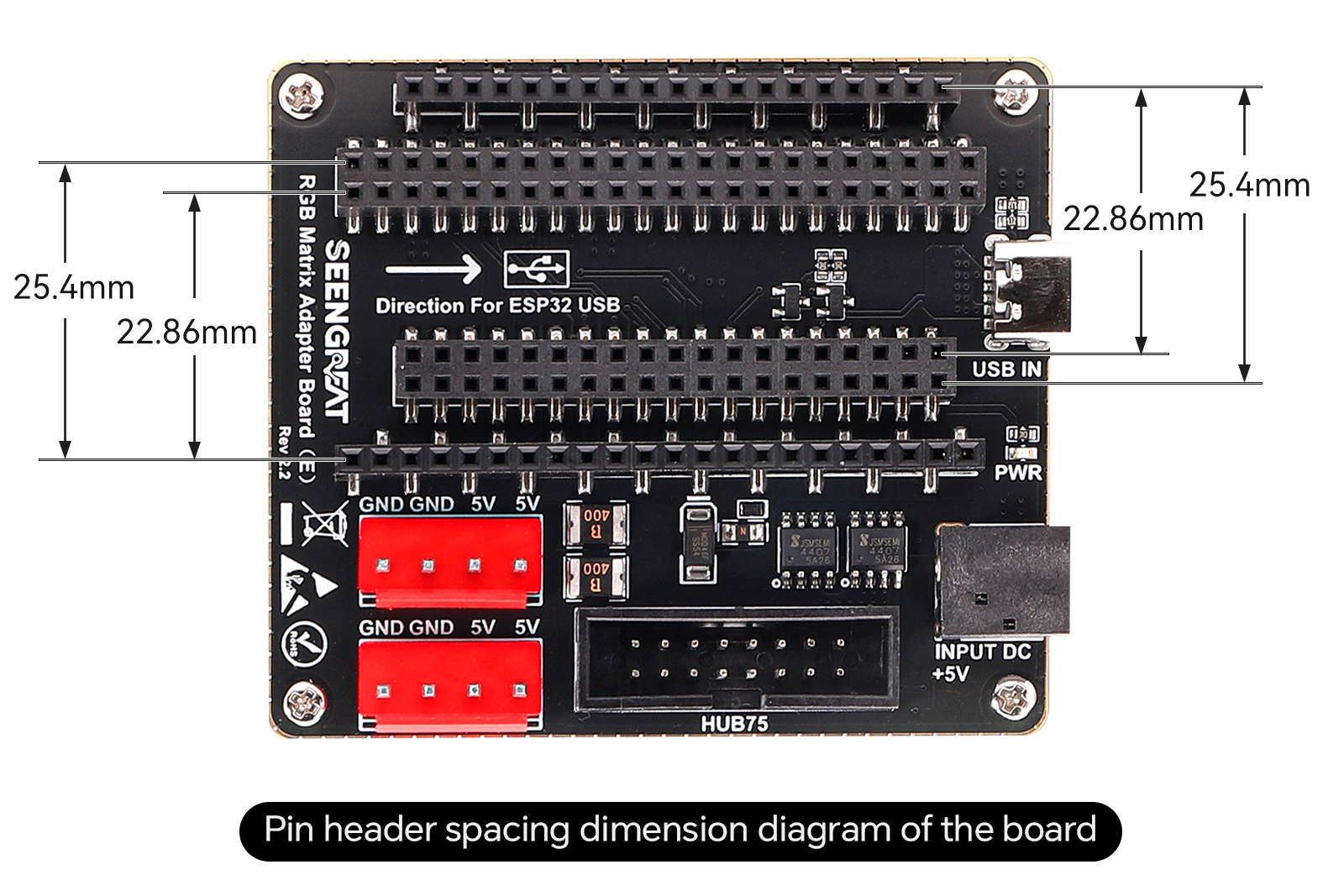 ESP32 RGB Matrix Panel Adapter Board, Dual Power Input (USB-C/DC Jack) HUB75 Interface Shield