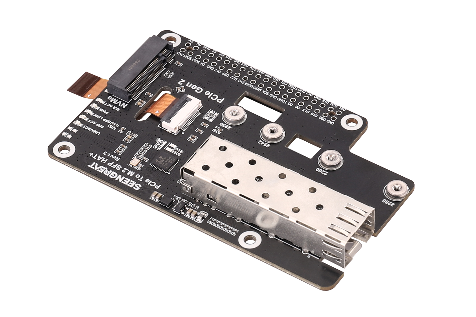 Pi 5 PCIe to M.2 & SFP Gigabit Ethernet Adapter, Supports 2280/2260/2242/2230 NVMe SSD, HAT+ Standar