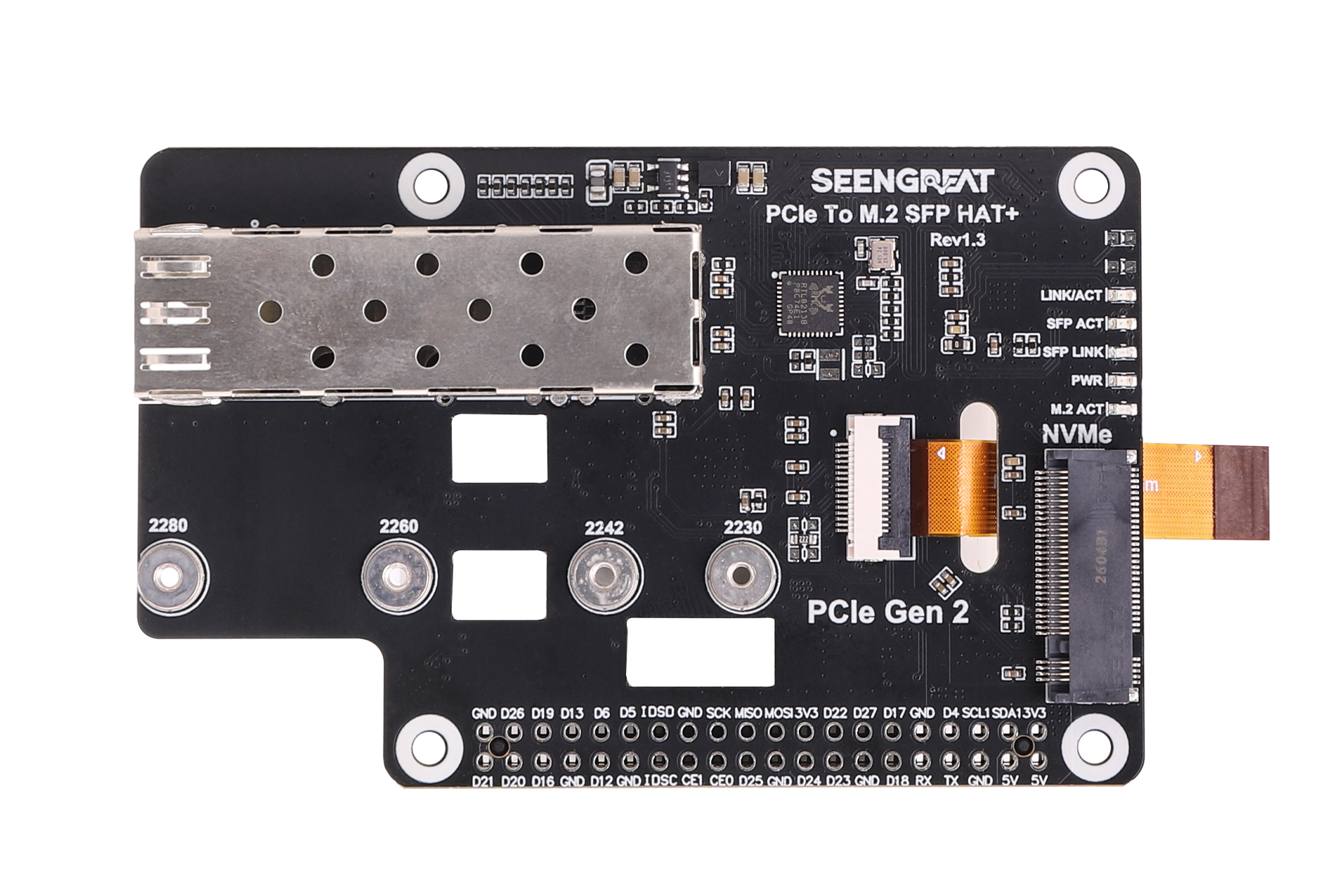 Pi 5 PCIe to M.2 & SFP Gigabit Ethernet Adapter, Supports 2280/2260/2242/2230 NVMe SSD, HAT+ Standar