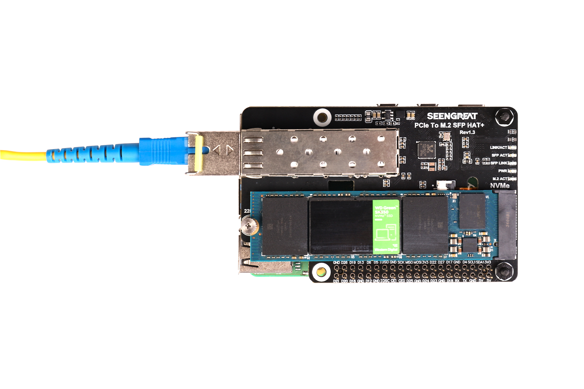 Pi 5 PCIe to M.2 & SFP Gigabit Ethernet Adapter, Supports 2280/2260/2242/2230 NVMe SSD, HAT+ Standar