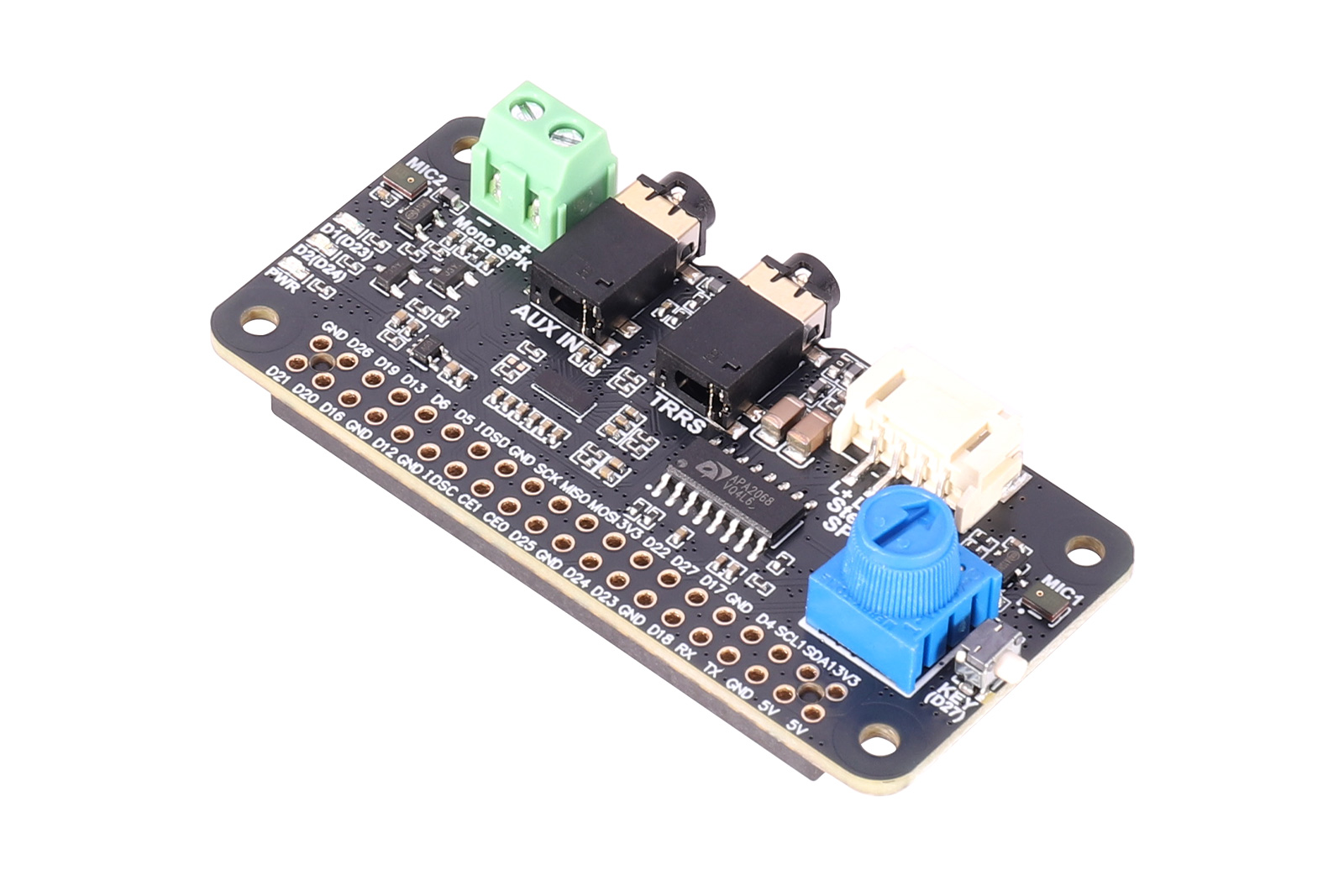 DA7212 Audio Codec HAT – I2S Hi-Fi Sound Card with Dual Mic, AUX Input, and Speaker Outputs for Rasp