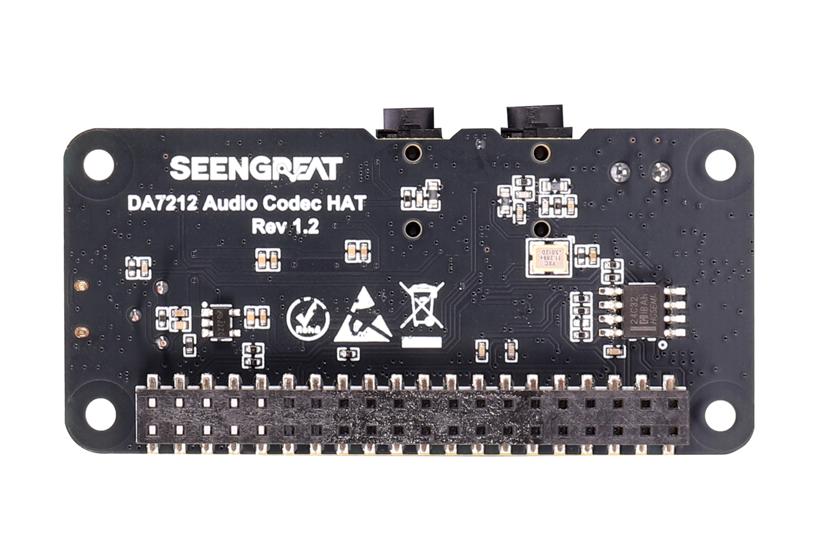 DA7212 Audio Codec HAT – I2S Hi-Fi Sound Card with Dual Mic, AUX Input, and Speaker Outputs for Rasp