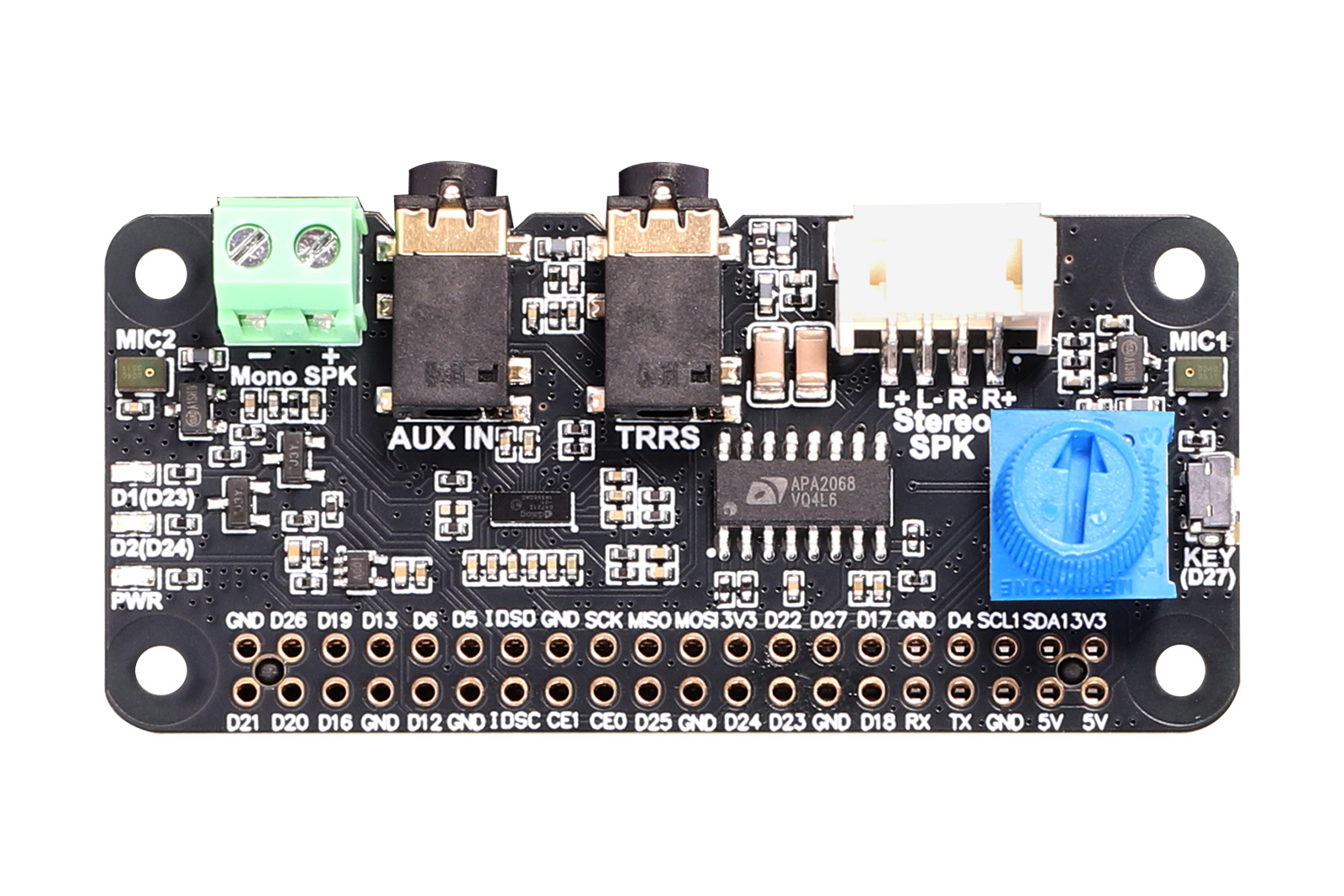 DA7212 Audio Codec HAT – I2S Hi-Fi Sound Card with Dual Mic, AUX Input, and Speaker Outputs for Rasp